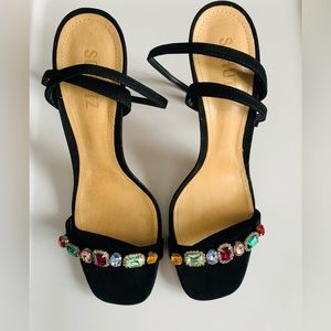Schutz Lylah Ankle Wrap Stilettos rainbow jewels size 9.5 Black Leather